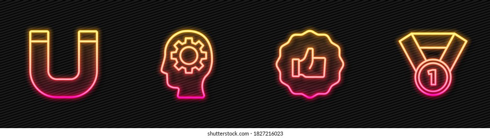 Zeige die Hand auf, Magnet, Kopf mit der Ausrüstung innen und Medal. Leuchtendes Neonsymbol. Vektorgrafik