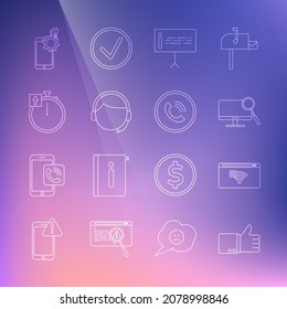 Set line Hand thumb up, No Internet connection, Computer monitor diagnostics, Information, Man with headset, Stopwatch, Mobile service and Phone call icon. Vector