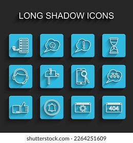 Set line Hand thumb up, Button chat notification, Server, Setting, Page with 404 error, Open mail box, Five stars rating review and Mobile phone diagnostics icon. Vector