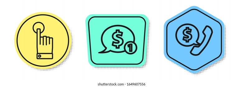 Set line Hand touch and tap gesture, Speech bubble with dollar and Telephone handset and speech bubble chat. Colored shapes. Vector