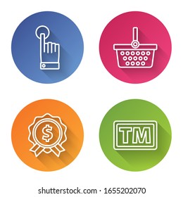 Set line Hand touch and tap gesture, Shopping basket, Price tag with dollar and Trademark. Color circle button. Vector