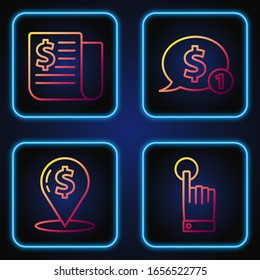 Set line Hand touch and tap gesture, Cash location pin, Financial news and Speech bubble with dollar. Gradient color icons. Vector