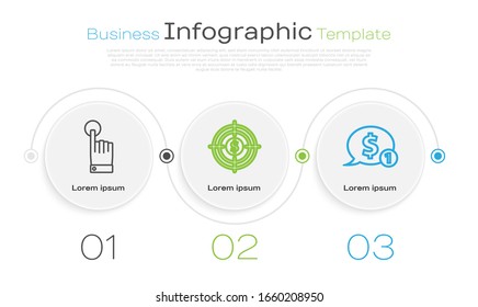 Set line Hand touch and tap gesture, Target with dollar and Speech bubble with dollar. Business infographic template. Vector
