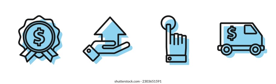 Fijar el toque de mano y el gesto de punteo, el precio con el dólar, el dinero a mano y el icono del camión blindado. Vector