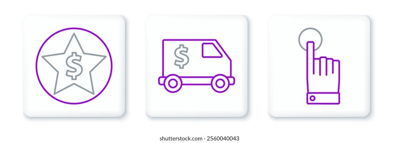 Set line Hand touch and tap gesture, Star dollar and Armored truck icon. Vector