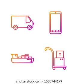 Set line Hand truck and boxes , Cargo ship with boxes delivery service , Delivery cargo truck vehicle  and Mobile phone with app delivery tracking. Gradient color icons. Vector