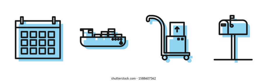 Set line Hand truck and boxes , Calendar , Cargo ship with boxes delivery service  and Open mail box  icon. Vector
