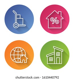 Set line Hand truck and boxes, House with percant discount tag, Globe with house symbol and House. Color circle button. Vector