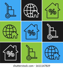 Set line Hand truck and boxes, House with percant discount tag and Globe with house symbol icon. Vector