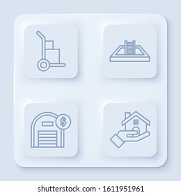 Set line Hand truck and boxes, Swimming pool with ladder, Warehouse with dollar symbol and Realtor. White square button. Vector