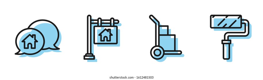 Set line Hand truck and boxes, House building in speech bubble, Hanging sign with text Sale and Paint roller brush icon. Vector
