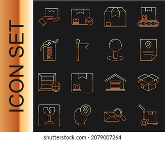 Set-Line Handwagen und Boxen, Karton-Karton, Dokument-Tracking-Marker-System, Standort, Preis-Tag mit Free, Lieferung Hand und Push-Pin-Symbol. Vektorgrafik