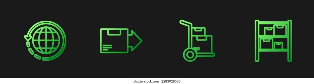 Set line Hand truck and boxes, Worldwide shipping, Carton cardboard and Warehouse. Gradient color icons. Vector