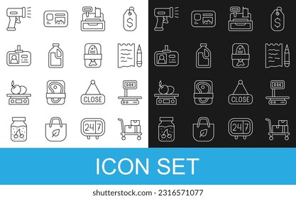 Set line Hand truck and boxes, Shopping list pencil, Cash register machine, Bottle for cleaning agent, Identification badge, Scanner scanning bar code and Fish plastic tray container icon. Vector