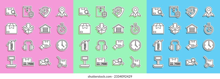 Set line Hand truck and boxes, Fast time delivery, Telephone 24 hours support, Cardboard with traffic symbol, Carton cardboard, Search package and Warehouse icon. Vector