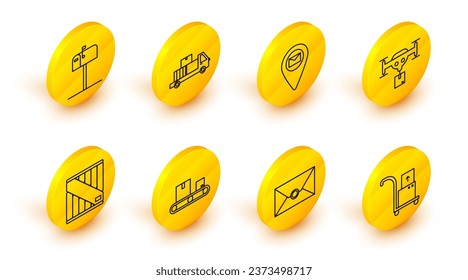 Set line Hand truck and boxes, Envelope, Conveyor belt with cardboard, Wooden, Delivery drone the package, Placeholder map paper,  and Open mail icon. Vector