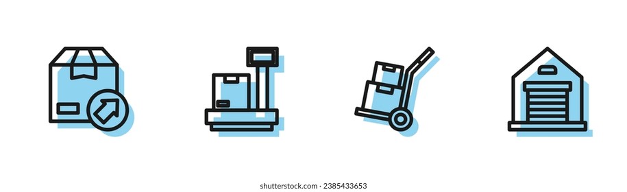 Set line Hand truck and boxes, Carton cardboard, Scale with and Warehouse icon. Vector