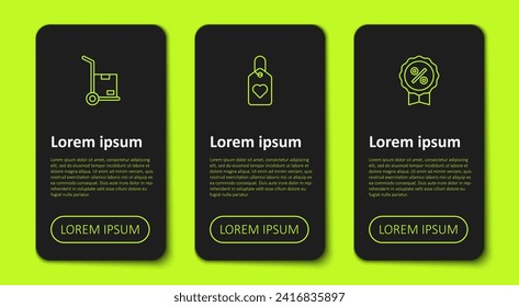 Set line Hand truck and boxes, Heart tag and Discount percent. Business infographic template. Vector