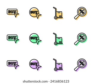 Set line Hand truck and boxes, Buy button,  and Magnifying glass with percent icon. Vector