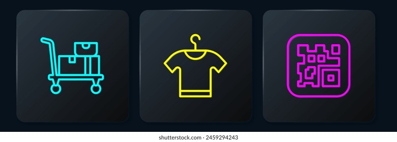 Camión de mano y cajas, código QR y camiseta. Botón cuadrado negro. Vector