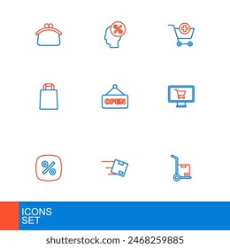 Set line Hand truck and boxes, Location with cardboard, Discount percent tag, Shopping cart monitor, Paper shopping bag, Hanging sign text Open, Add and  icon. Vector
