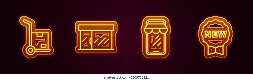 Set line Hand truck and boxes, Market store, Online shopping on phone and Price tag with New. Glowing neon icon. Vector