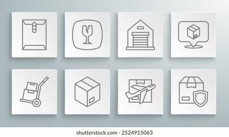 Definir linha Caminhão de mão e caixas, Fragile vidro quebrado, Cartão de papelão, Avião, Segurança de entrega com escudo, Depósito, Localização e ícone de Envelope. Vetor