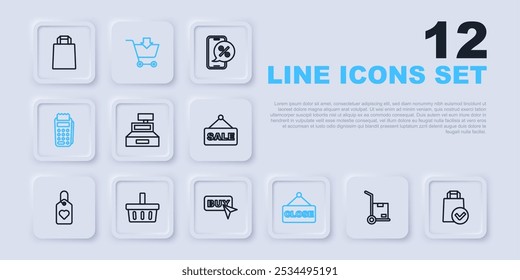 Definir linha Caminhão de mão e caixas, Saco de compras de papel, Máquina de caixa registradora, Sinal de suspensão com texto fechado, terminal POS, Cesta de compras, Adicionar ao carrinho e Comprar ícone do botão. Vetor