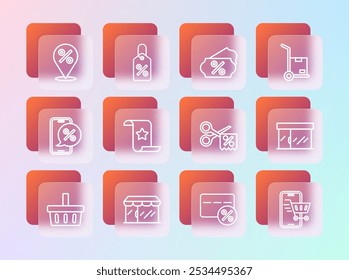 Camión de mano y cajas, tienda de mercado, tijeras corta el Cupón de descuento, tarjeta de descuento con porcentaje, cheque de papel, cheque financiero, etiqueta, Locación e ícono. Vector
