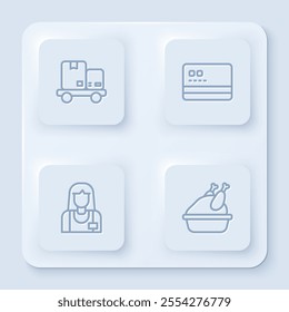Set line Hand truck and boxes, Credit card, Seller and Roasted turkey or chicken. White square button. Vector