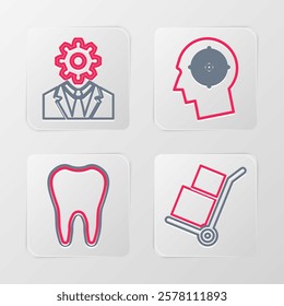 Set line Hand truck and boxes, Tooth, Head hunting concept and with gear inside icon. Vector