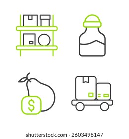 Set line Hand truck and boxes, Price tag for pear, Spice in can and Warehouse interior with icon. Vector
