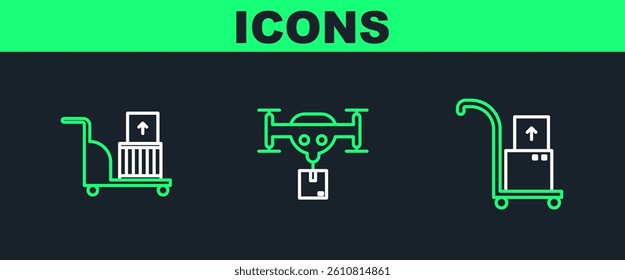Set line Hand truck and boxes, Electric hand and Delivery drone with the package icon. Vector