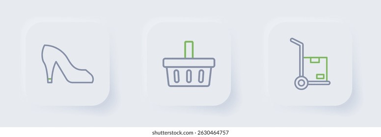 Definir linha Caminhão de mão e caixas, cesta de compras e Mulher sapato ícone. Vetor