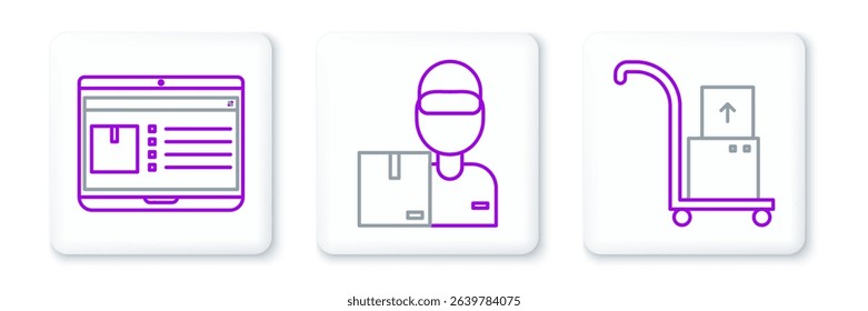 Set line Hand truck and boxes, Laptop with app delivery tracking and Delivery man cardboard icon. Vector
