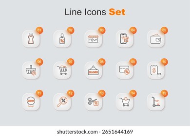 Set line Hand truck and boxes, Scissors cuts discount coupon, Magnifying glass with percent, Price tag New, Paper check financial check, Discount card and Hanging sign text Closed icon. Vector
