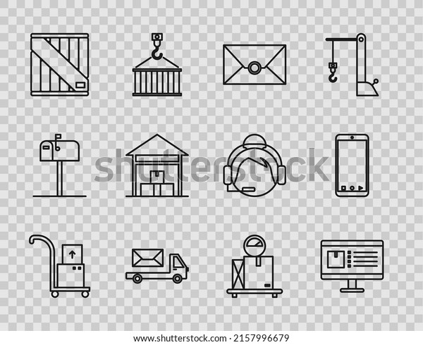 Set line Hand truck and boxes,\
Computer monitor with app delivery tracking, Envelope, Post,\
Wooden, Warehouse, Scale cardboard and Mobile phone icon.\
Vector