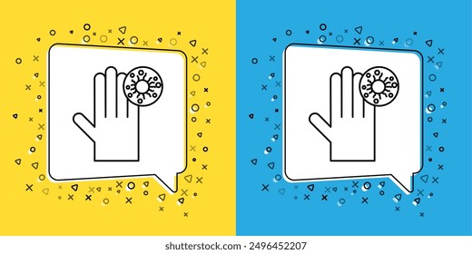 Set line Hand with virus icon isolated on yellow and blue background. Corona virus 2019-nCoV. Bacteria and germs, cell cancer, microbe, fungi.  Vector Illustration