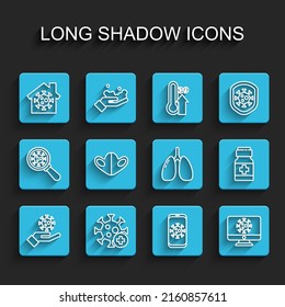 Set line Hand with virus, Positive, Stay home, Virus statistics on mobile, monitor, Medical protective mask, Medicine bottle pills and Lungs icon. Vector