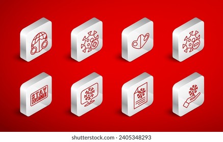 Set line Hand with virus, Positive, Medical protective mask, Negative, Clipboard blood test results, Earth medical, Corona on location and Stay home icon. Vector