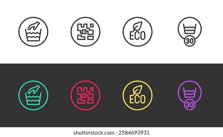 Set line Hand wash laundry, QR code, Leaf Eco symbol and Temperature on black and white. Vector