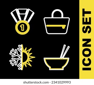 Set line Handbag, Bowl with chopsticks, Sun snowflake and Medal icon. Vector