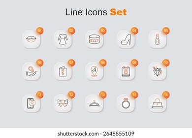 Set line Handbag, Diamond engagement ring, Hanger wardrobe, Gift bow, Mobile with heart, Calendar 8 March and Woman shoe icon. Vector