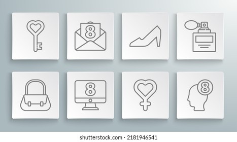 Set line Handbag, Envelope with 8 March, on monitore, Female gender symbol, in human head, Woman shoe, Perfume and Key heart shape icon. Vector