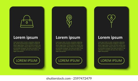Set line Handbag, Flower and Balloons with 8 March. Business infographic template. Vector
