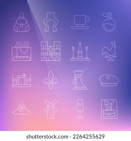 Set line Handbag, French beret, Rooster weather vane, Coffee cup, Notre Dame, baguette bread,  and Place De La Concorde icon. Vector