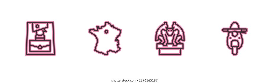 Set line Handbag, Gargoyle on pedestal, Map of France and Scooter icon. Vector