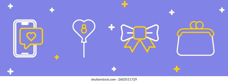 Set line Handbag, Gift bow, Balloons with 8 March and Mobile heart icon. Vector