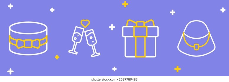 Set line Handbag, Gift box heart, Glass of champagne and  icon. Vector