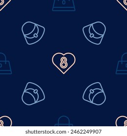 Set line Handbag,  and Heart with 8 March on seamless pattern. Vector